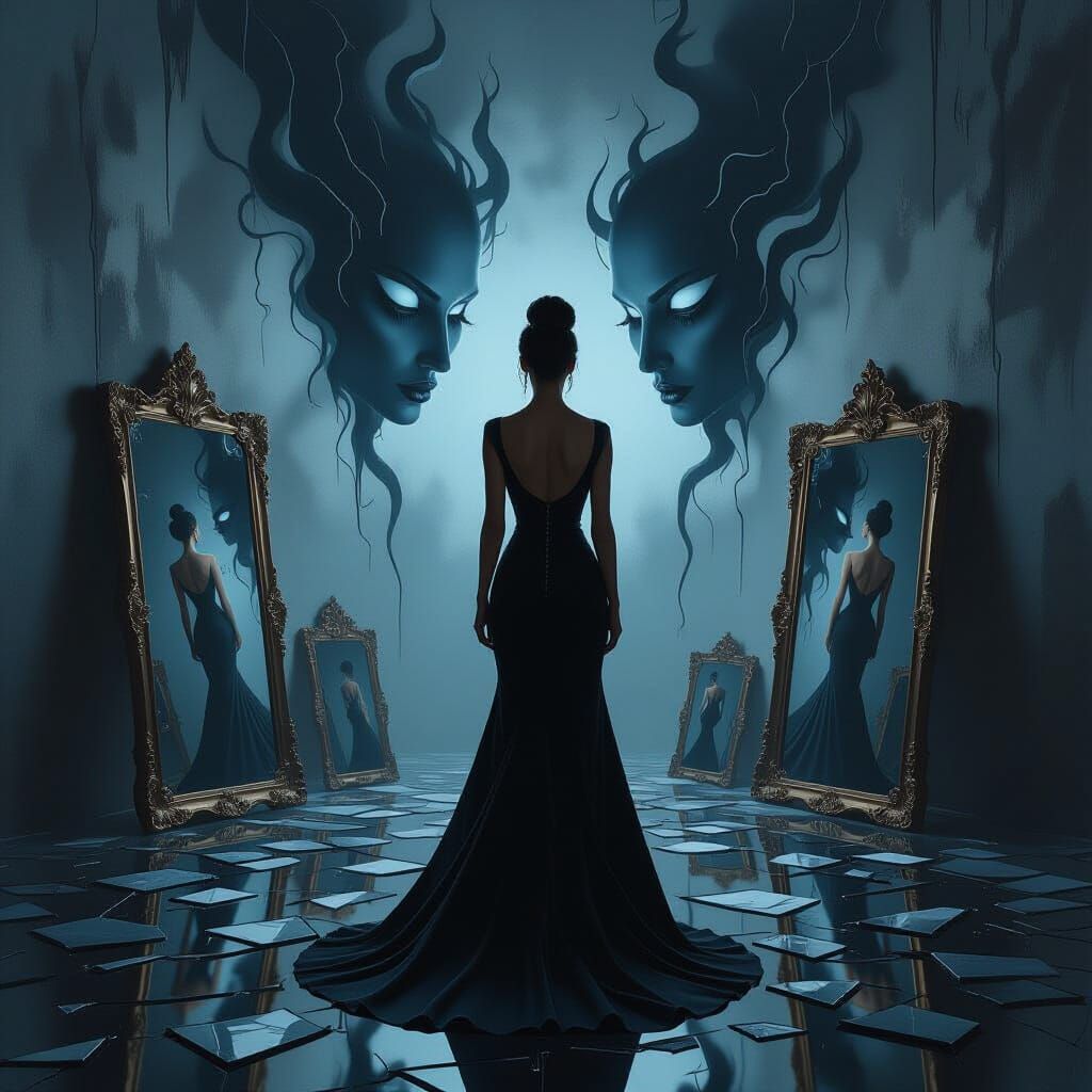 Surreal Woman With Shattered Reflections and Hidden Truths
