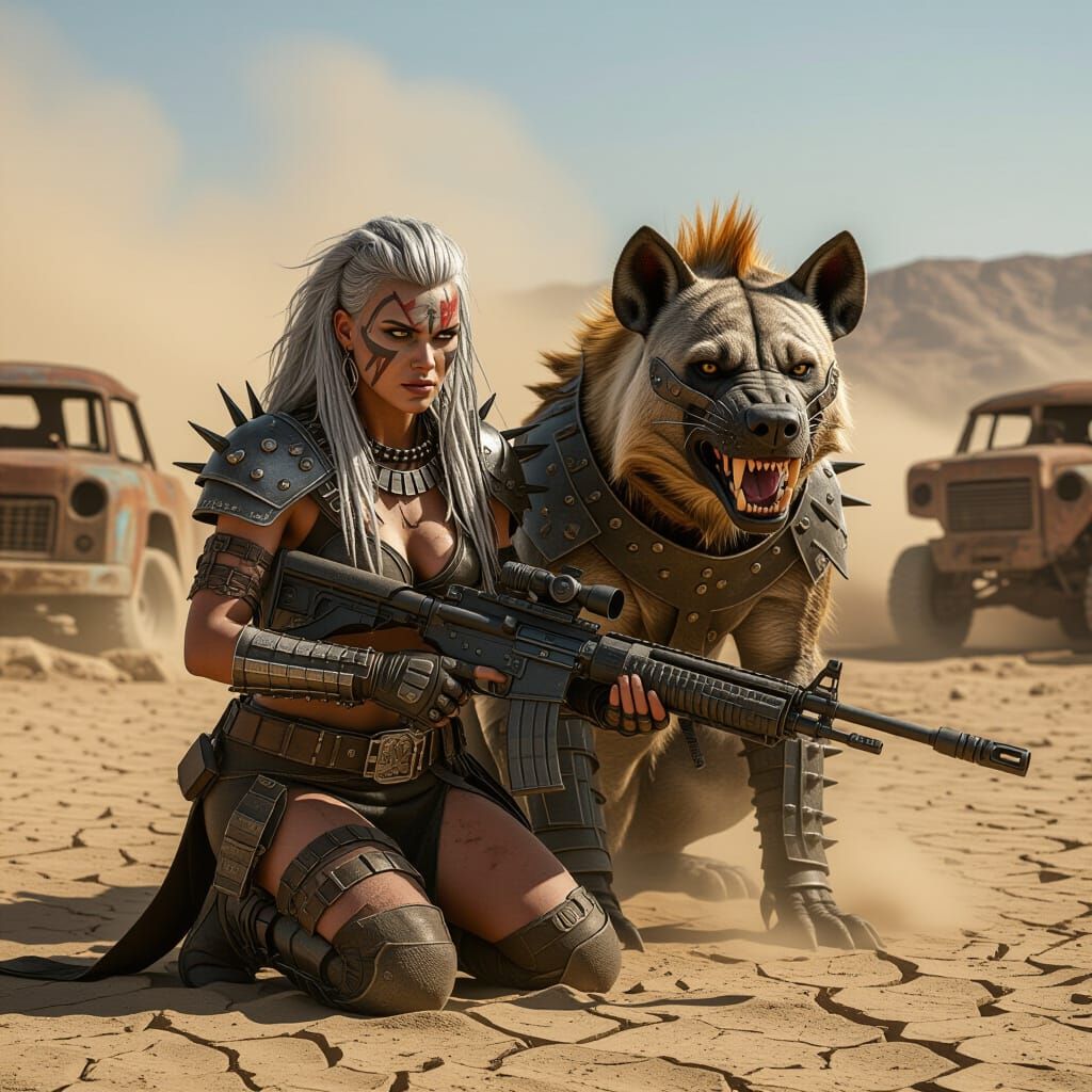 Warrior Woman and Armored Hyena in Desert Wasteland