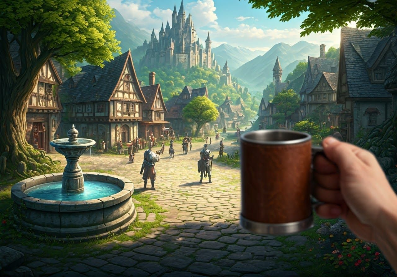 Medieval Town First-Person View in Matte Painting Style