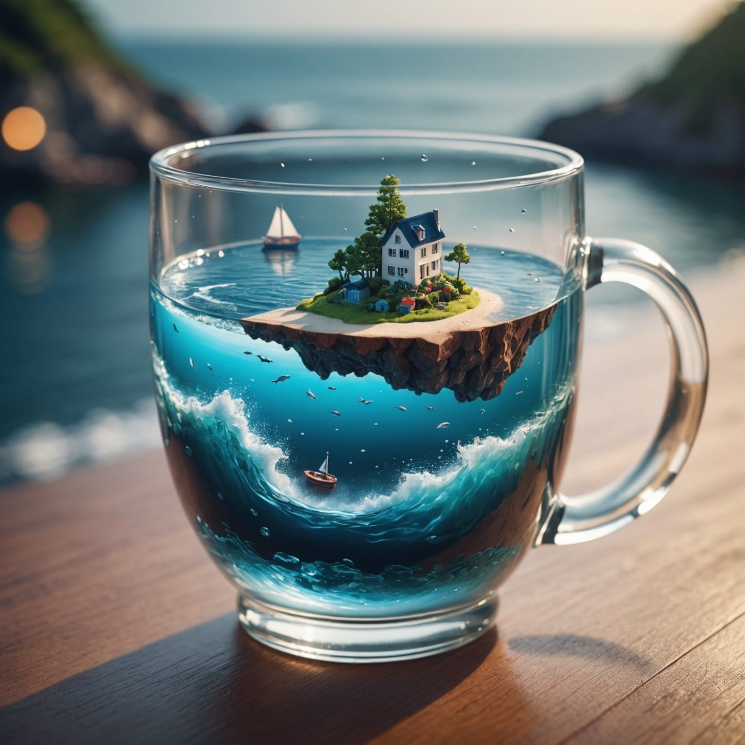 Isometric Sea Inside a Mug with Ship
