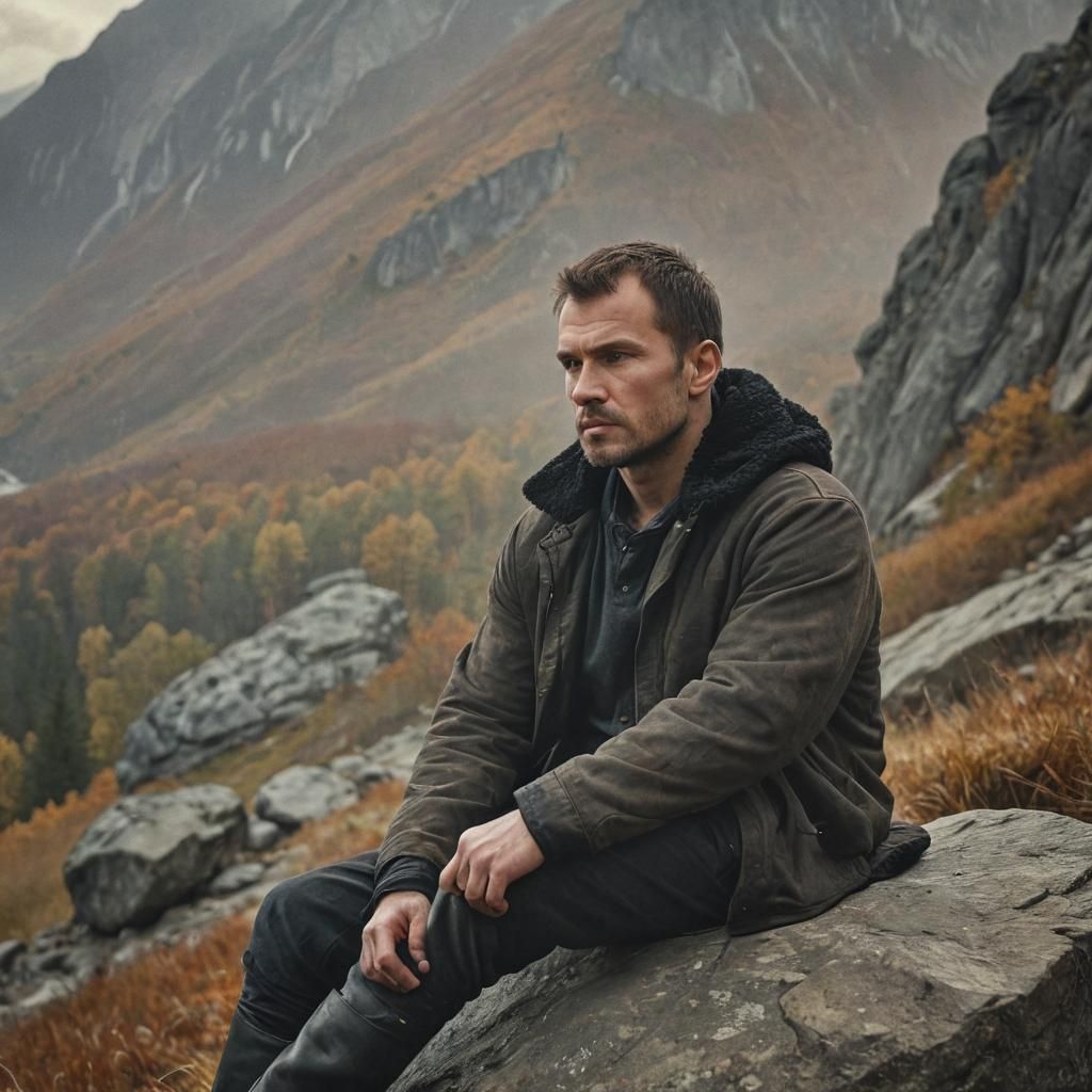 Pensive Slavic Man in Mountain Landscape, Film Photography