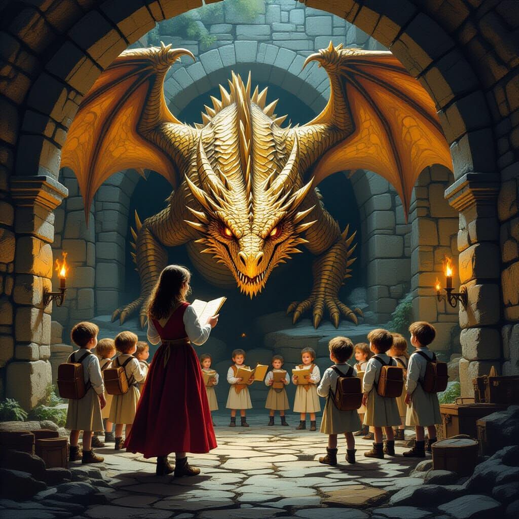 Teacher and Students Battle Dragon in Dungeon