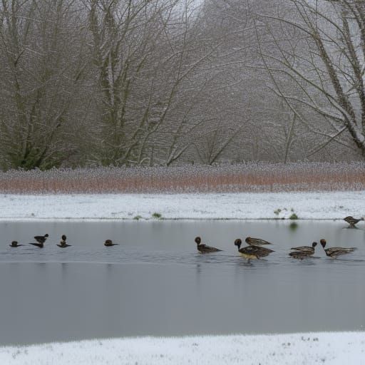 Ducks on Pond in Snowy Winter Fields