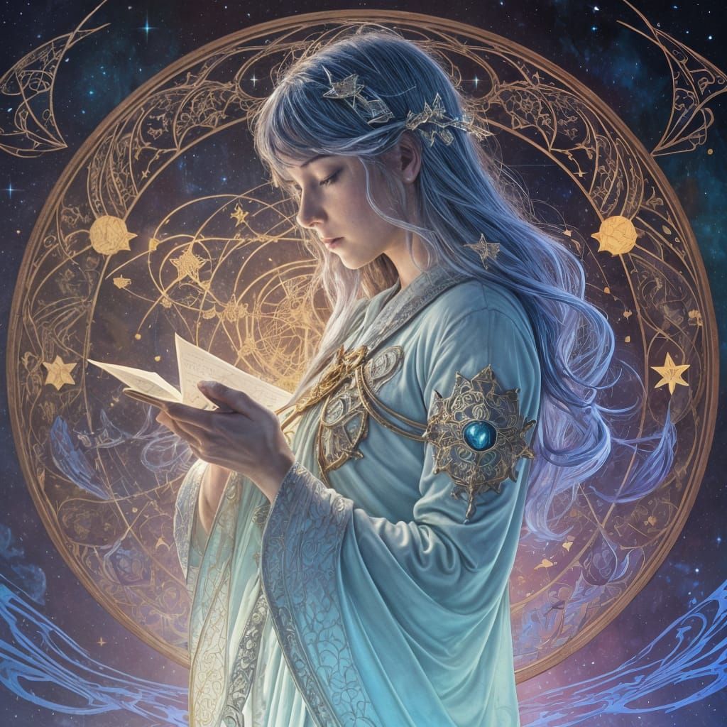 Celestial Cartographer in Nebula, Art Nouveau Style