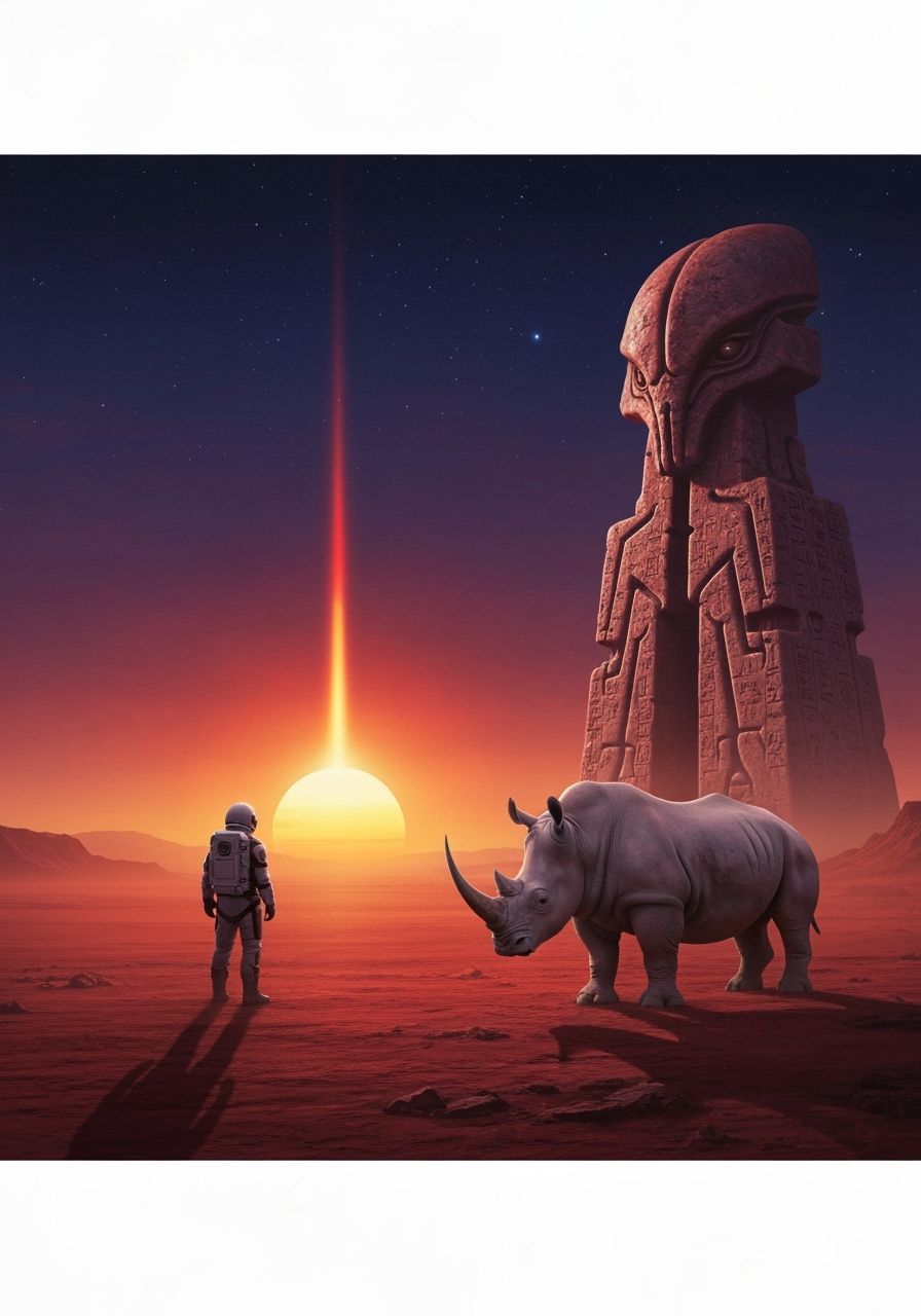 Astronaut on Crimson Planet with Binary Sunset and Alien Mon...