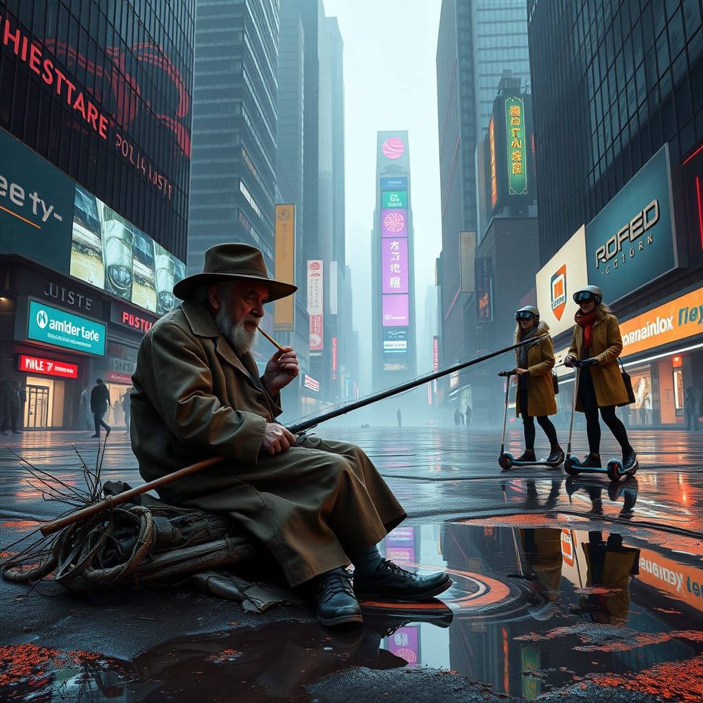 Elderly Man Smokes in Futuristic City