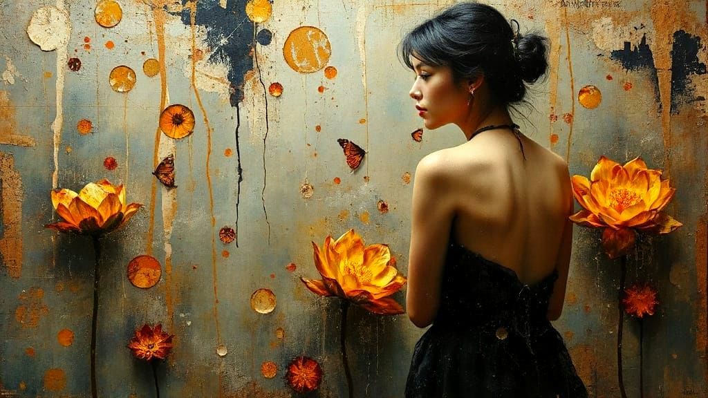 Abstract Encaustic Painting of Woman with Lotus Flower