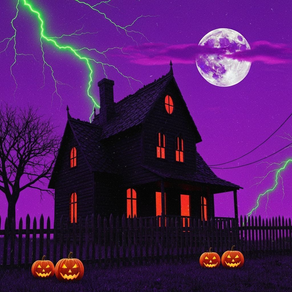 Retro-Futuristic Haunted House Illustration with Purple Sky