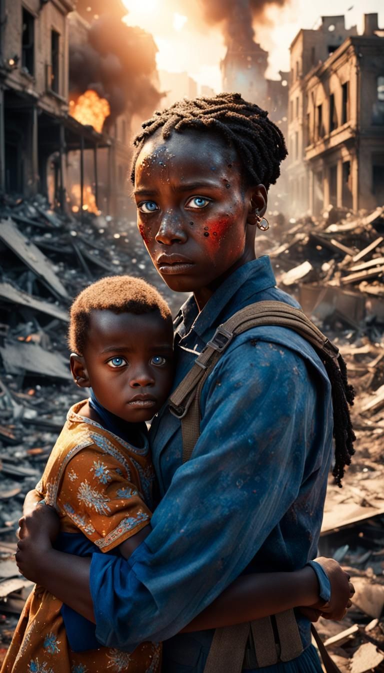 Protective Mother in War-Torn City: Cinematic Portrait