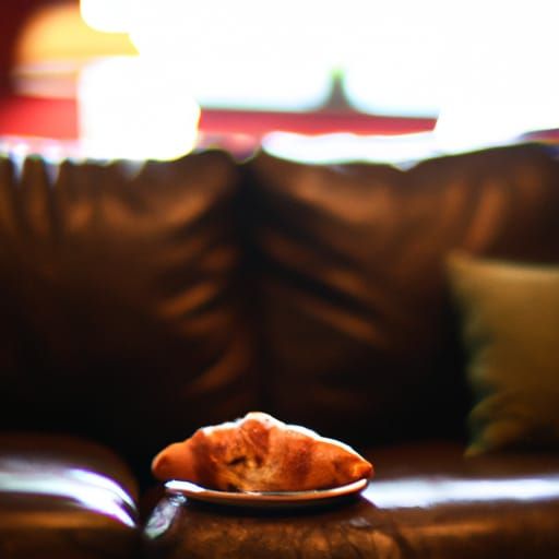 Unsettling Figure on Velvet Couch with Croissant