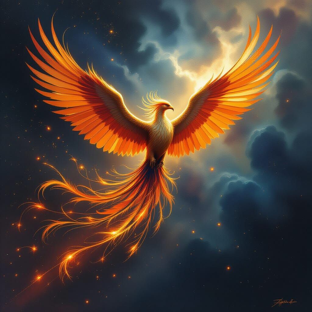 Phoenix Soars Through Cosmic Nebula in Fiery Flight