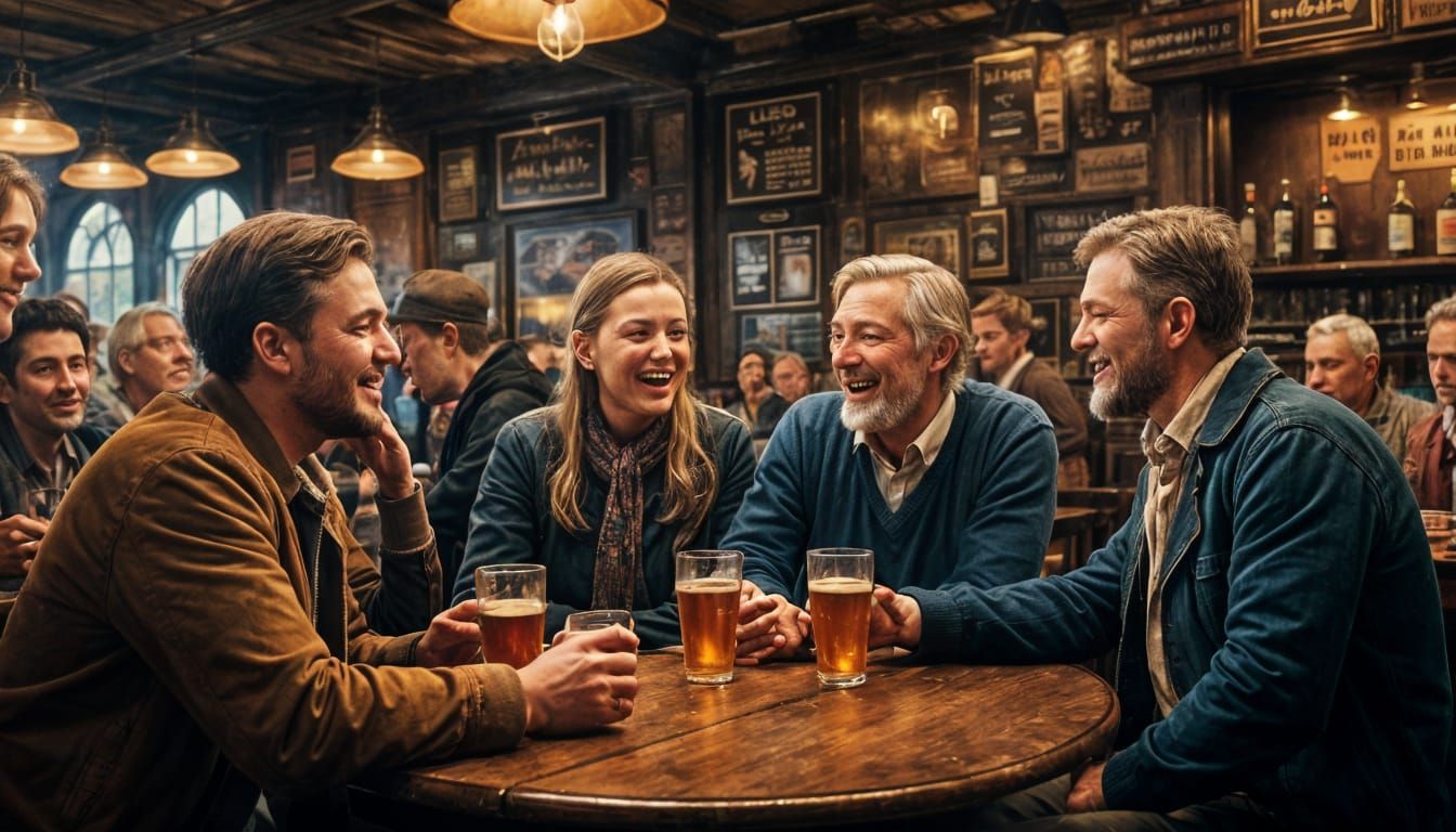 People Chatting in a Pub, Acrylic Art Style