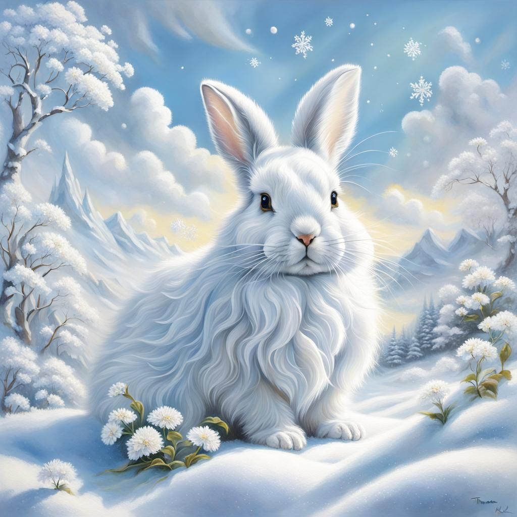 Surreal Fluffy Rabbit in Snowy Landscape