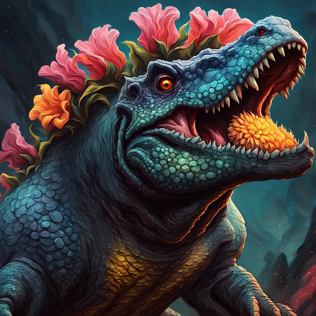 Nightmarish Reptilian Creature with Flower Mass, Oil Paintin...