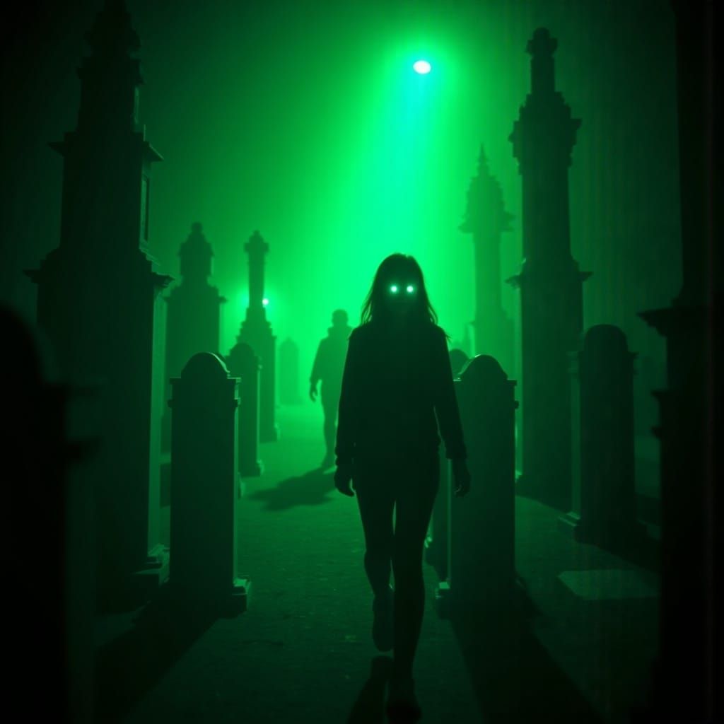 Eerie Temple Encounter at Dusk in Green Hues
