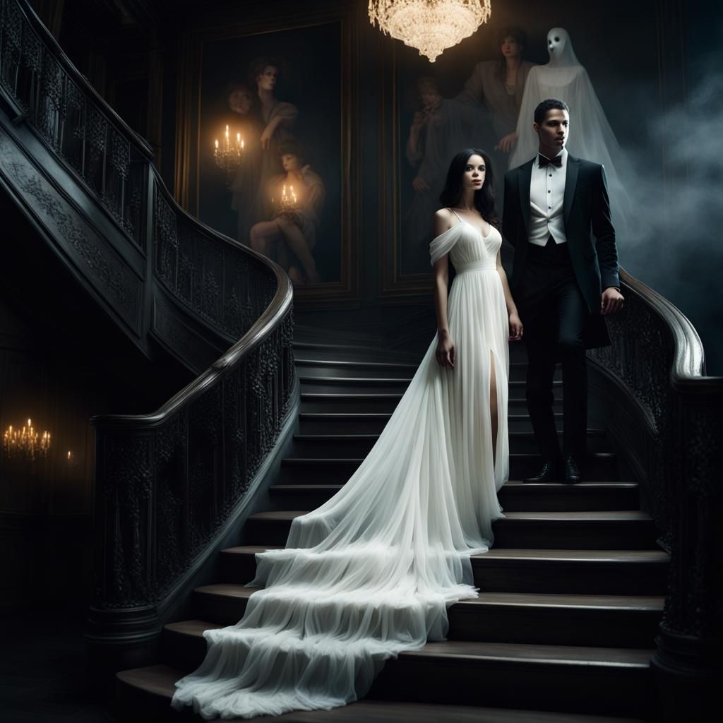 Woman in White Gown with Ghostly Figure