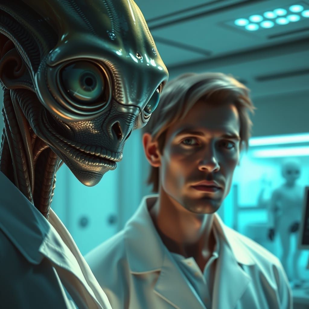 Alien Scientist Studies Human in Futuristic Lab