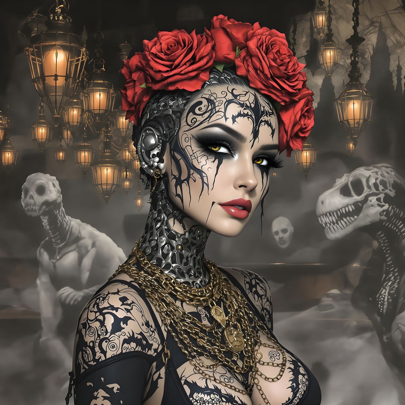 Cyborg Woman with Dinosaur Tattoos, Hyperrealistic Charcoal ...