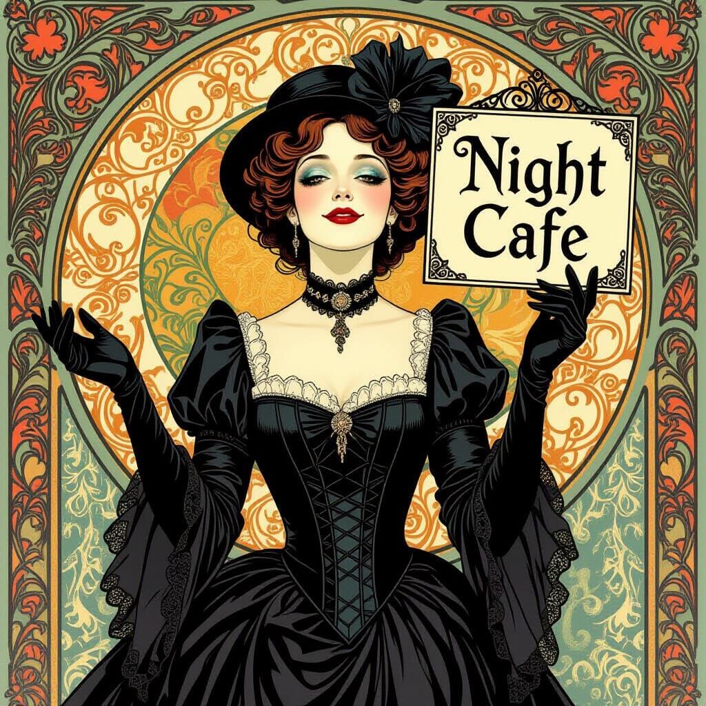 Joyful Woman in Gothic Victorian Gown, Art Nouveau Style