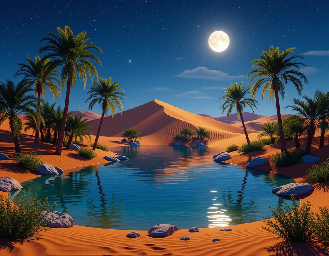 3D Desert Oasis at Night Under Full Moon