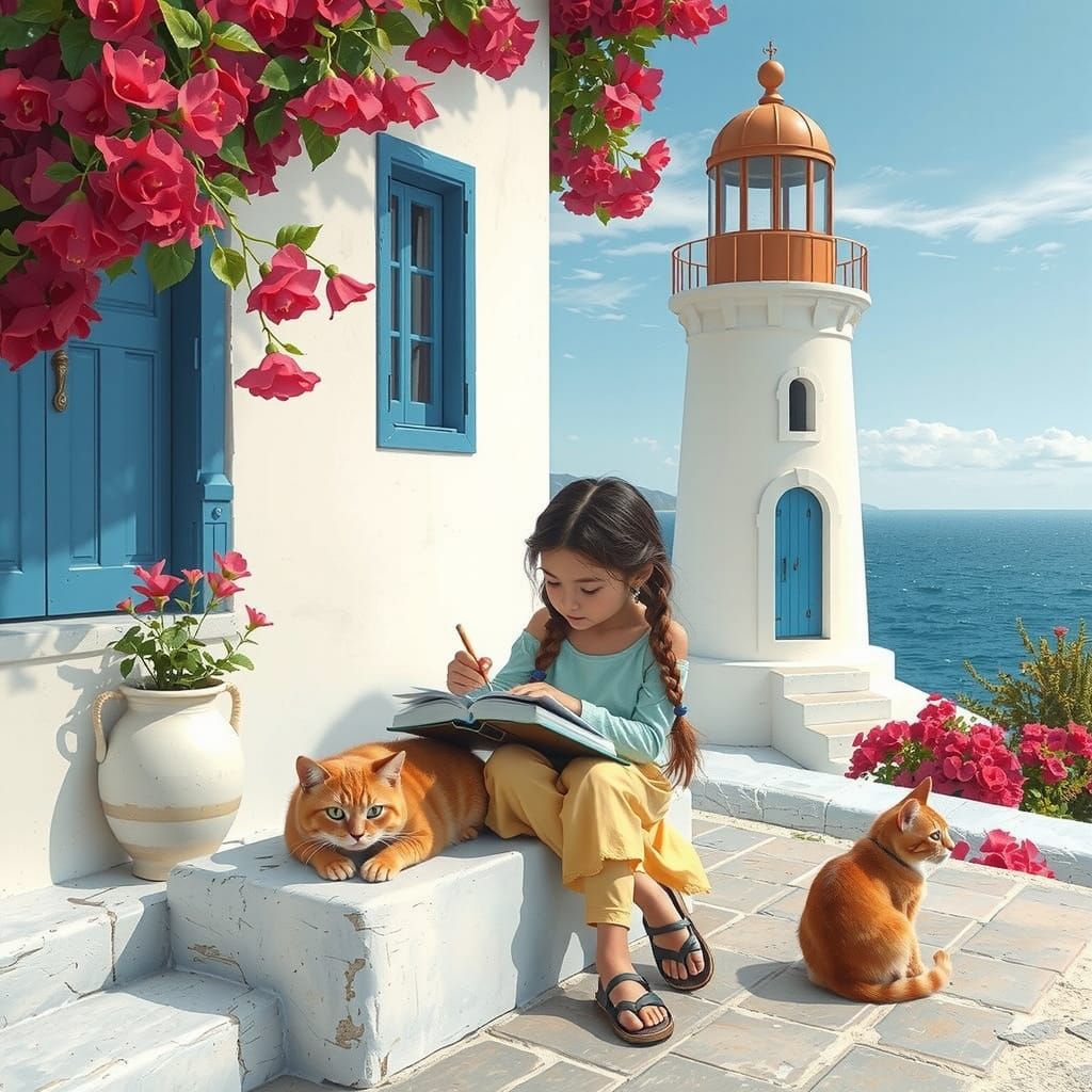 Girl Sketching by Lighthouse in Fantasy Concept Art Style