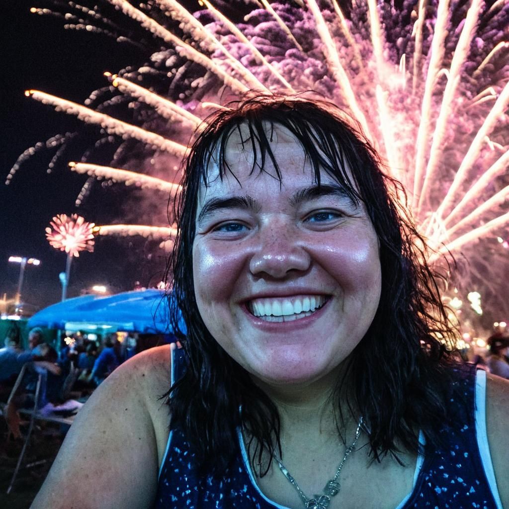 Woman at Fireworks Display in Cinematic Style