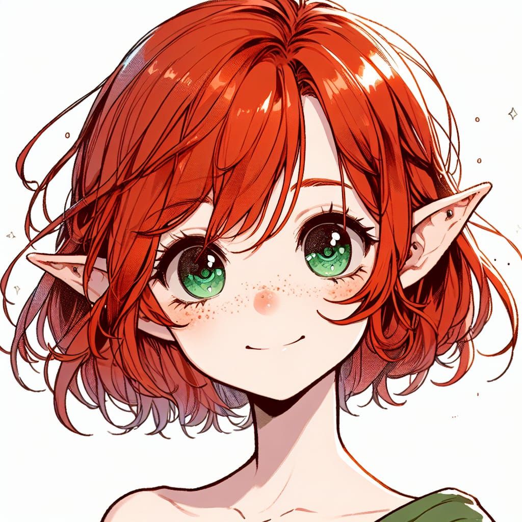 Red-Haired Elf with Emerald Eyes in Manga Style