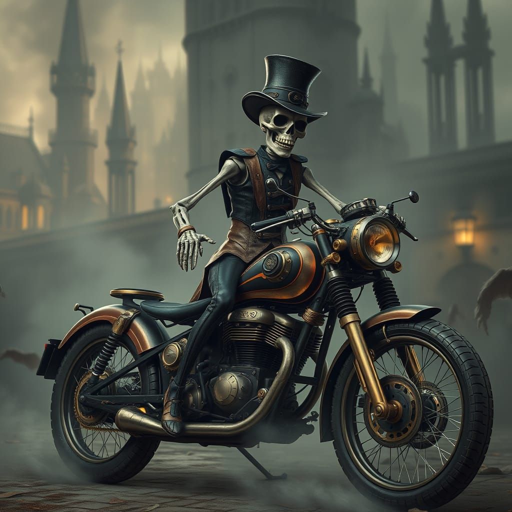Steampunk Skeleton Rides Victorian Era Motorcycle