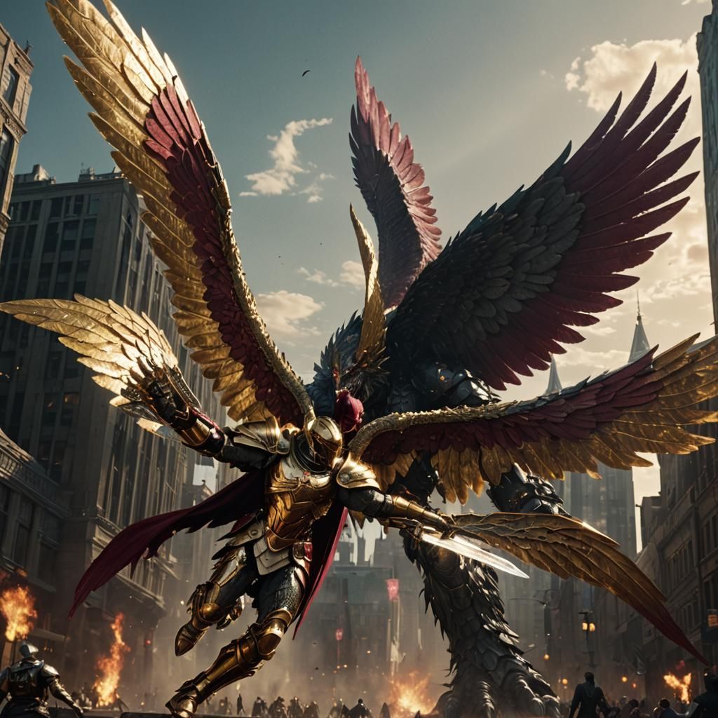Angel in Gold Armor Battles Monster in City