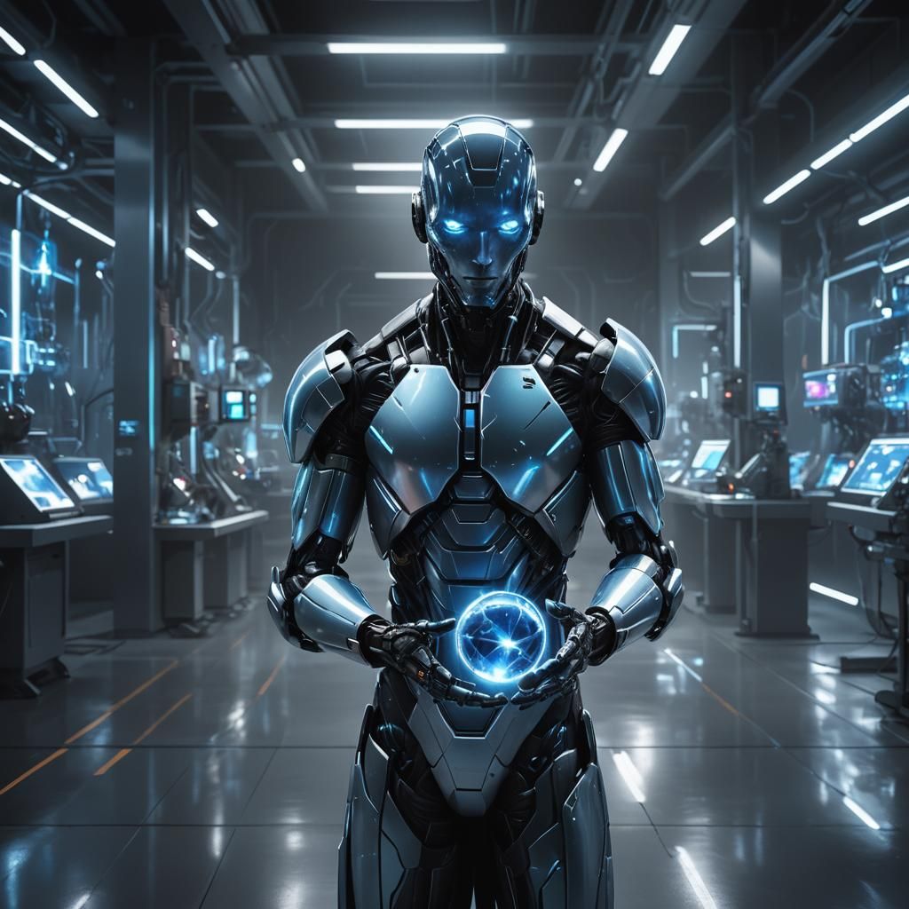 Android Holding Glowing Orb in Futuristic Lab
