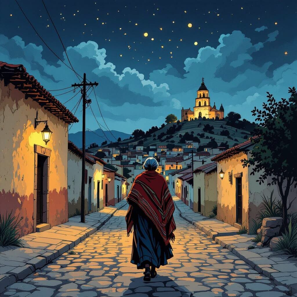 Old Mexican Town at Night in Comic Book Style