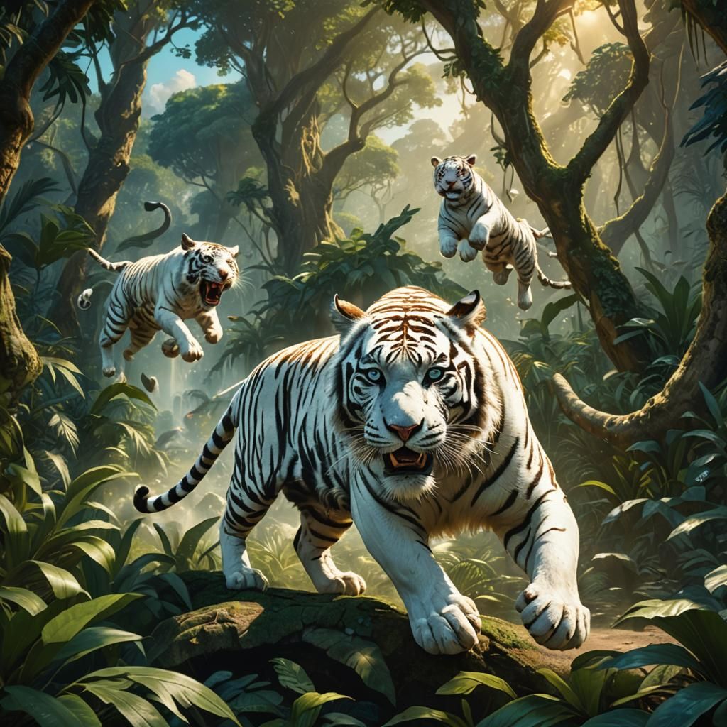 White Tiger Chase in Lush Jungle: Fantasy Art