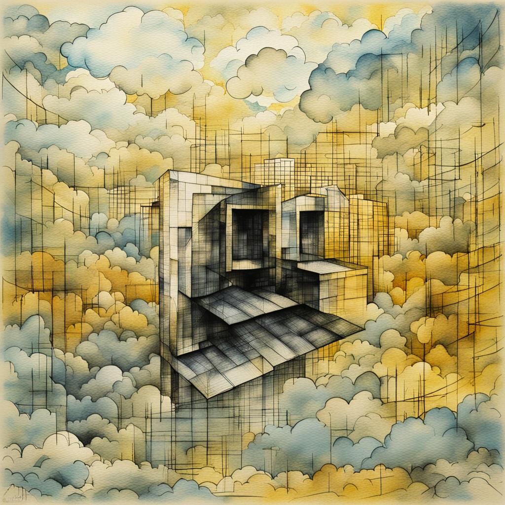 Abstract Grid Structure with Watercolor and Ink