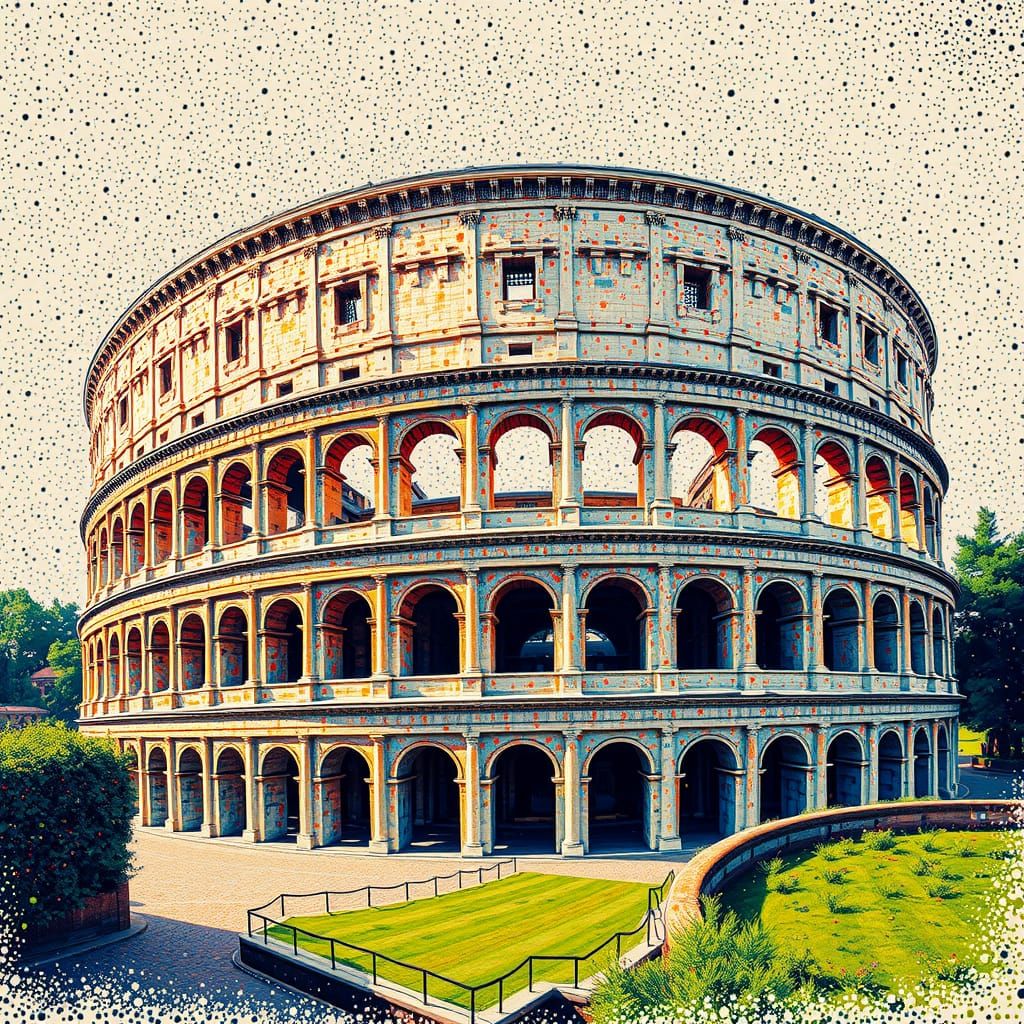 Pointillist Colosseum Portrait in Watercolor and Gouache
