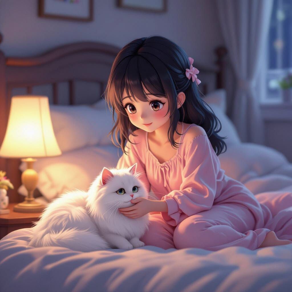 Anime Girl with Cat: 3D Render in Anime Style