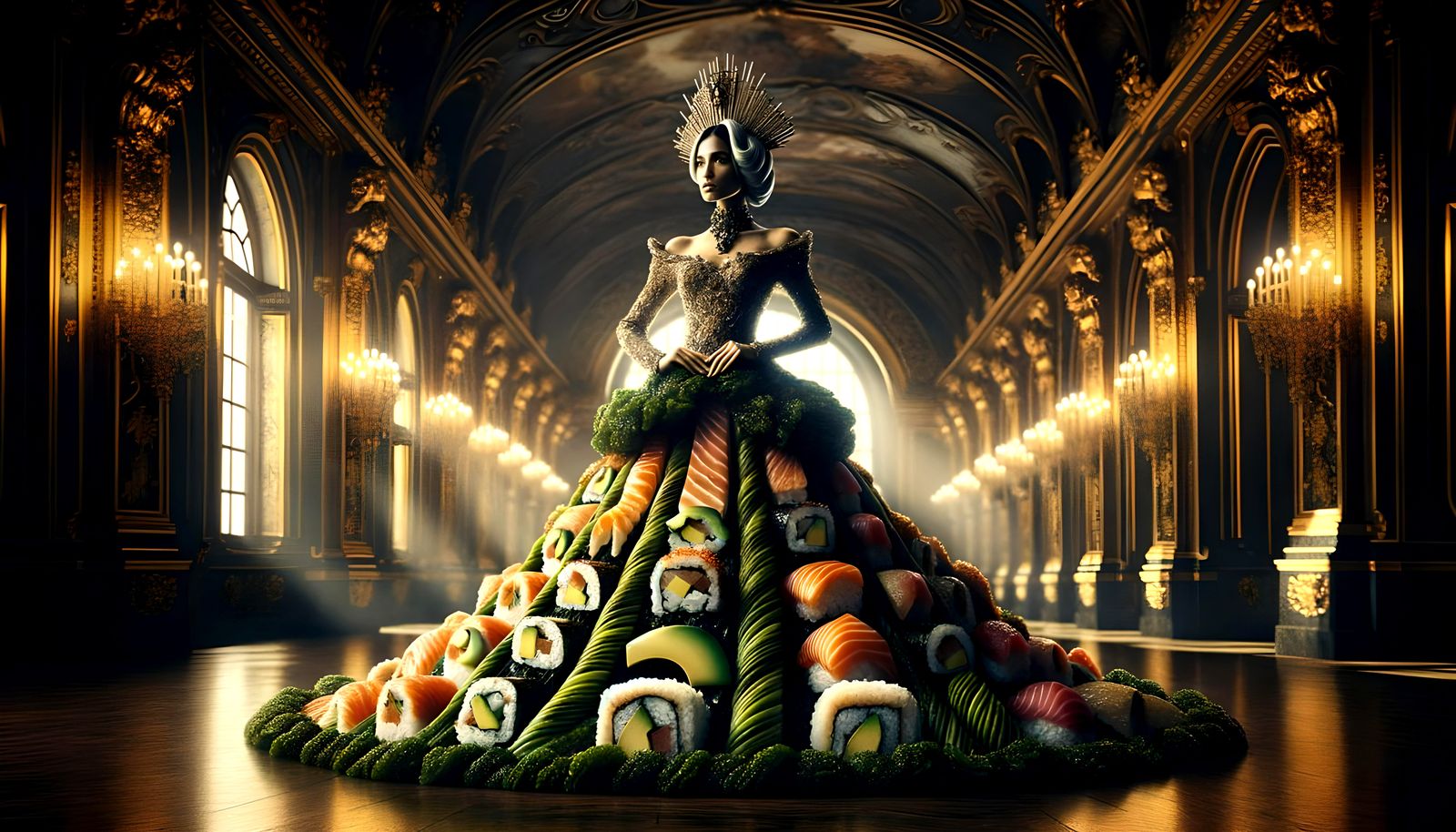 Sushi Empress in Royal Gown of Sushi Ingredients