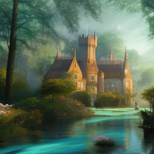 Victorian Gothic Castle Amidst Turquoise River and Spring Fo...