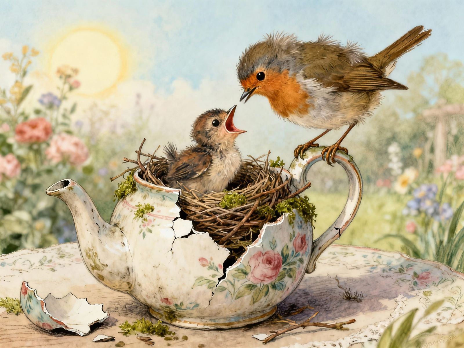 Whimsical Robin Feeds Young in Teapot Nest