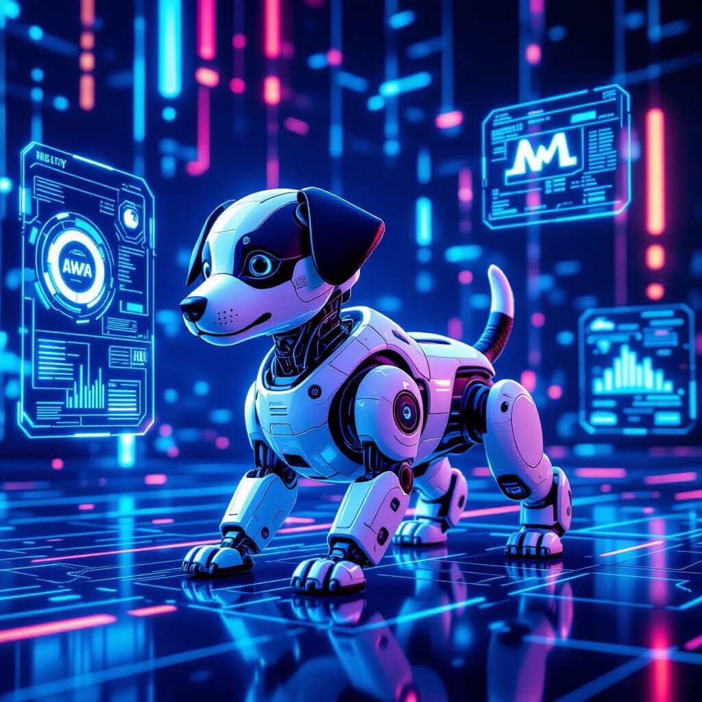 Futuristic Robot Dog Exploring a Virtual Reality World