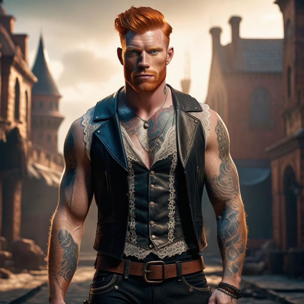 A handsome Ginger Male is wearing  an open-sleeveless Leathe...