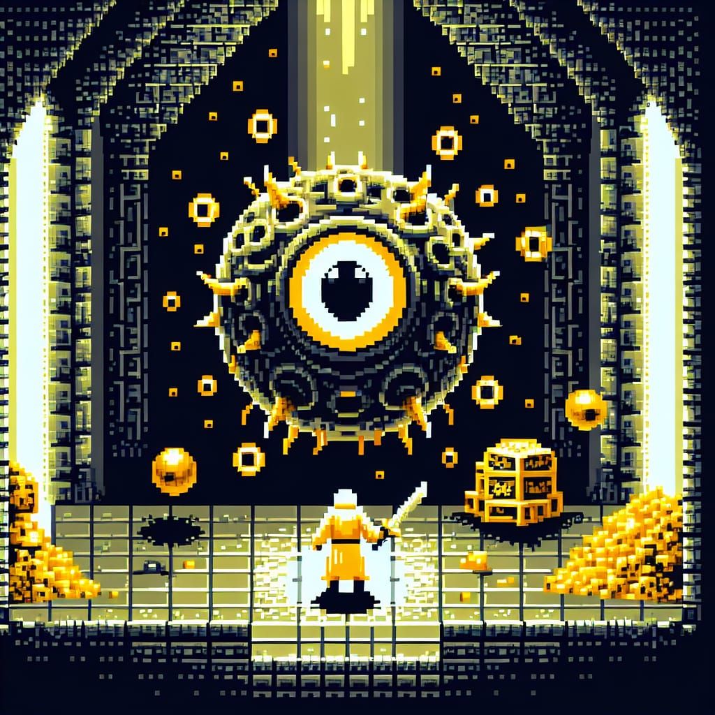Pixel Art Dungeon Battle with Beholder Monster