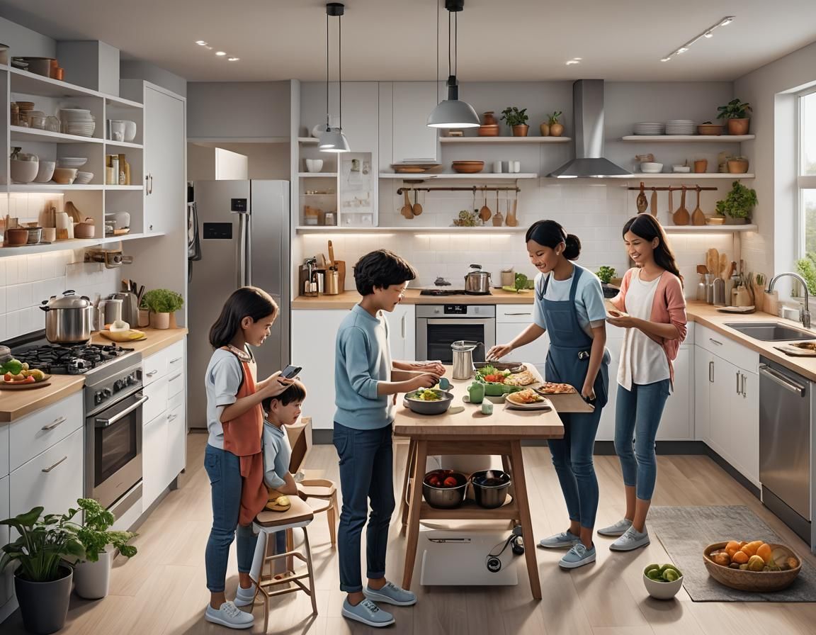 AI-Integrated Family Life in Futuristic Home