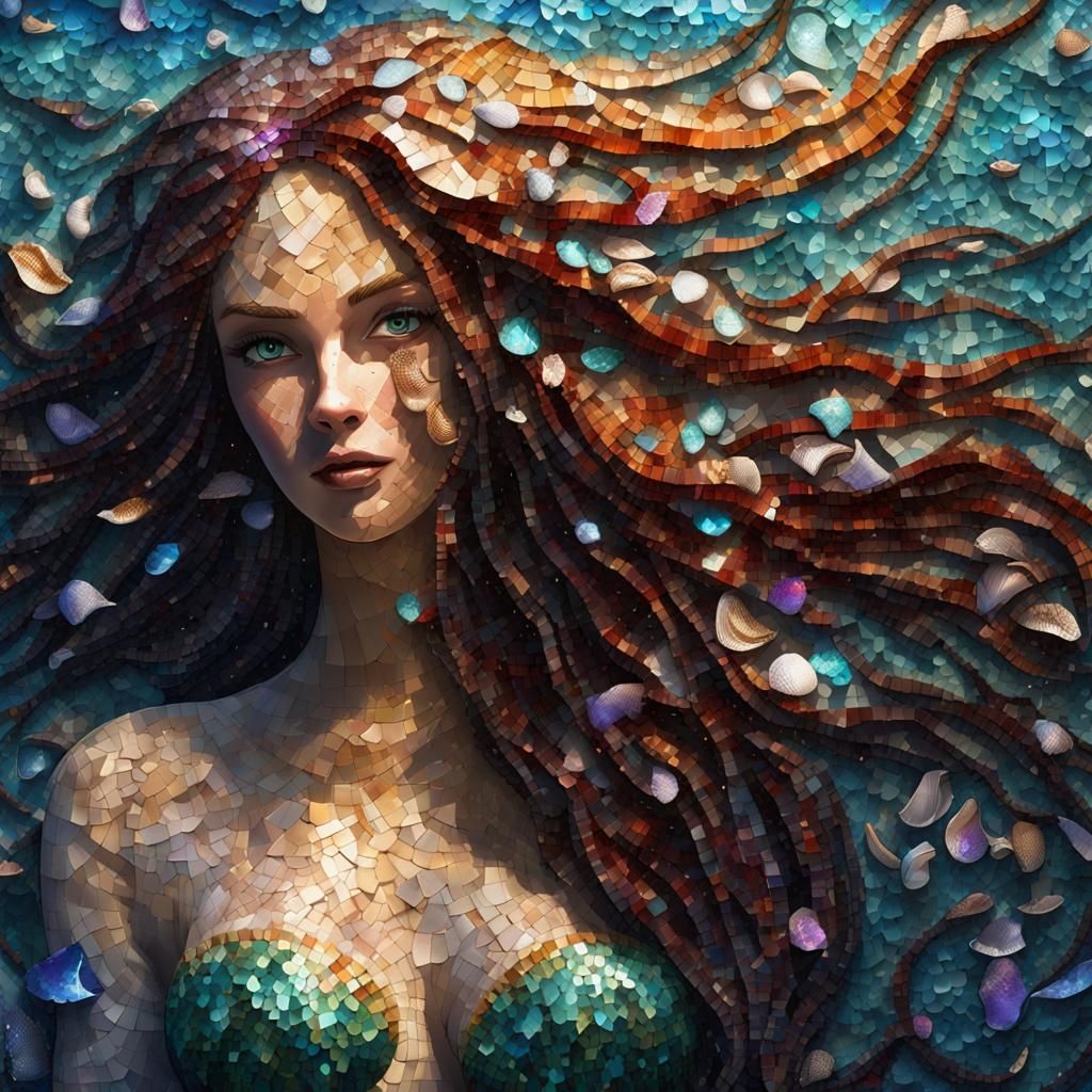 Surreal Mermaid Portrait in Mosaic Sea Shells and Glass