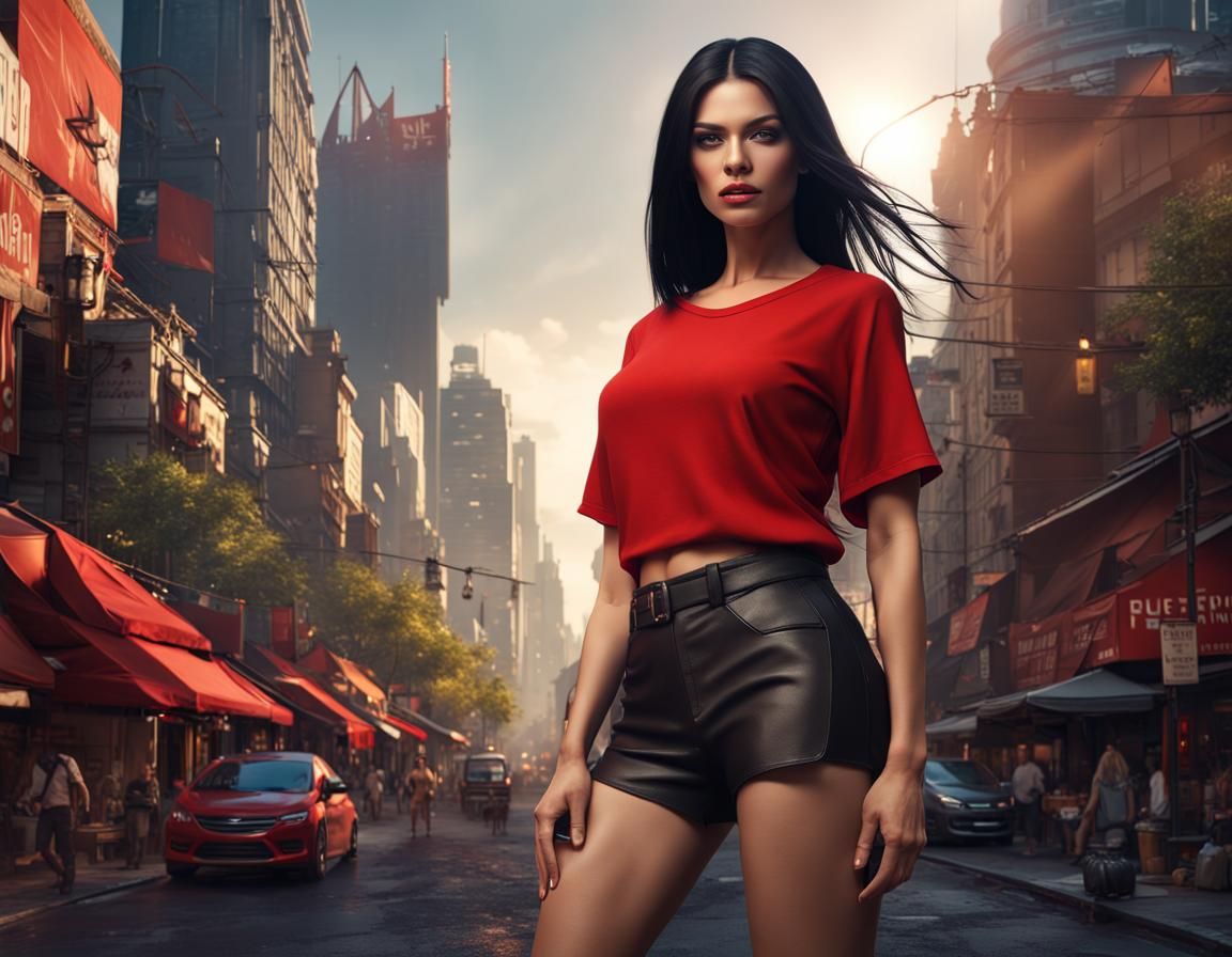 Beautiful Woman in City Street, Detailed Digital Art