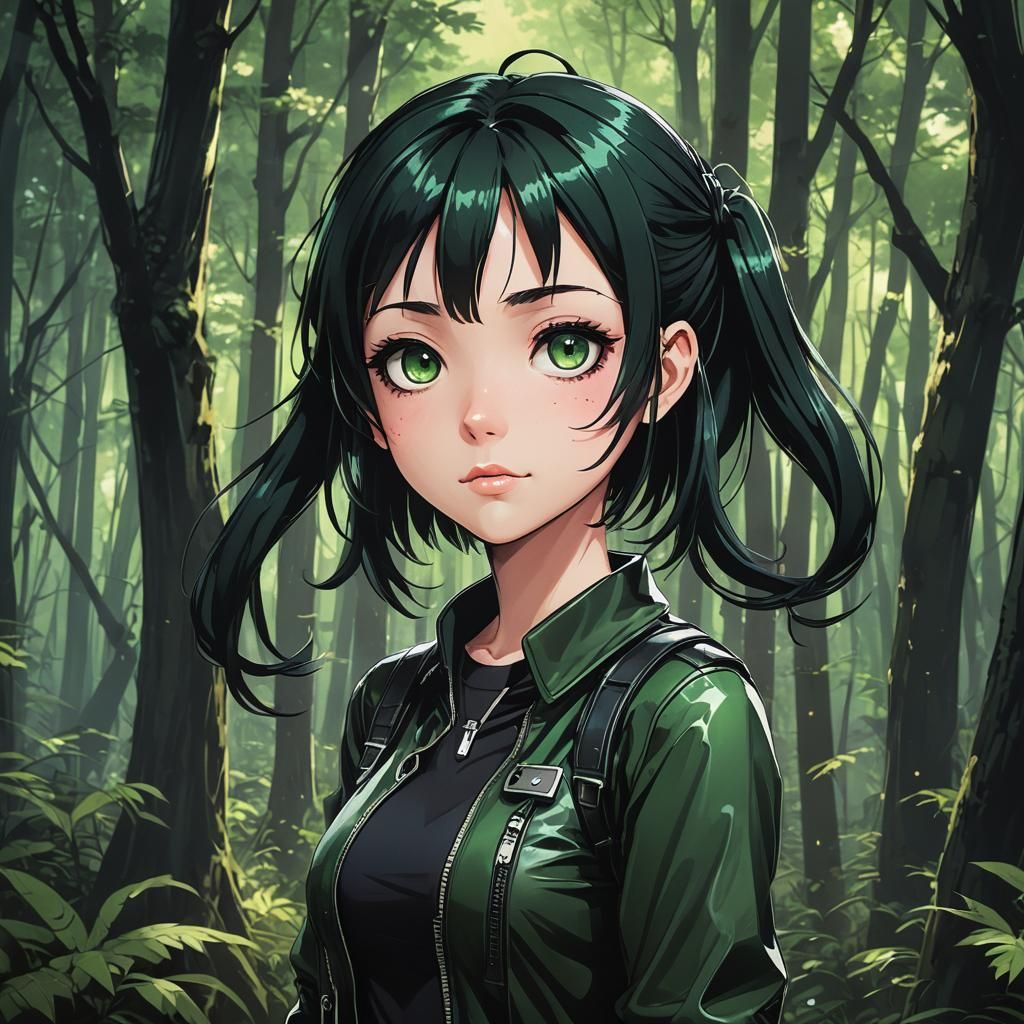 Emo Girl in Dark Forest: Anime Style Illustration