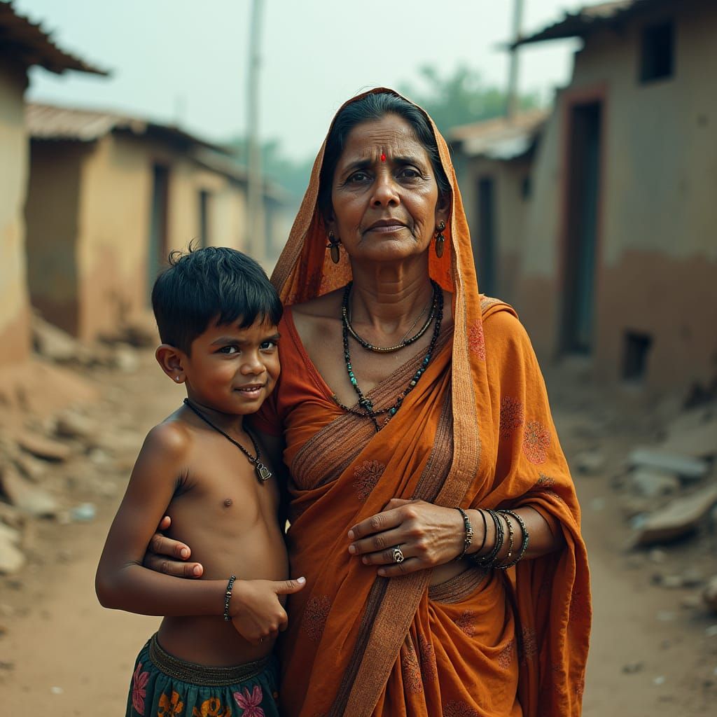 Poverty-Stricken Mother and Children Search for Food