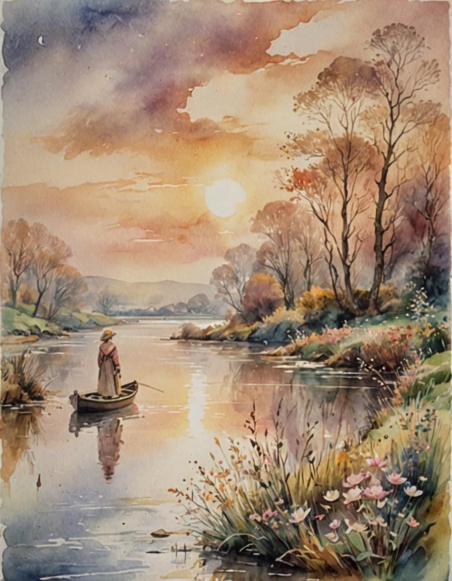 Ethereal Figure on Riverbank in Watercolour Wet-Wash Style
