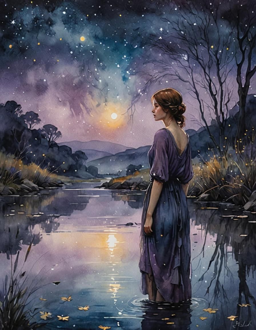 Mystical Riverbank: Watercolour Wet-Wash Romanticism