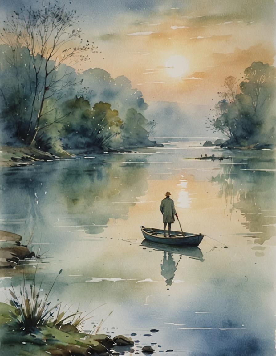 Misty River Scene in Watercolour Wet-Wash Style
