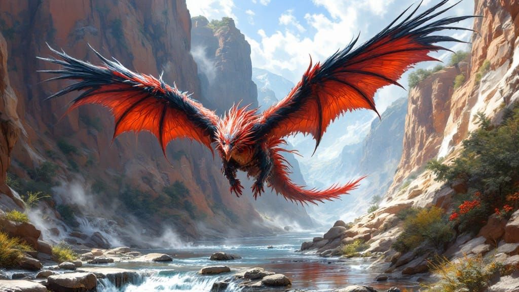 Majestic Phoenix Dragon soars through a Canyon